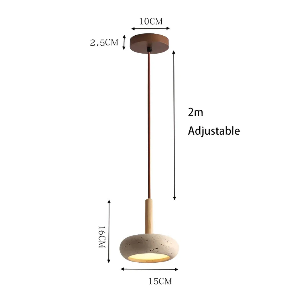 Travertine Hanging Light with Wooden Accent – Adjustable Cord, Warm Glow