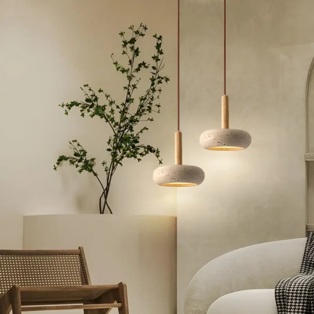 Travertine Hanging Light with Wooden Accent – Adjustable Cord, Warm Glow