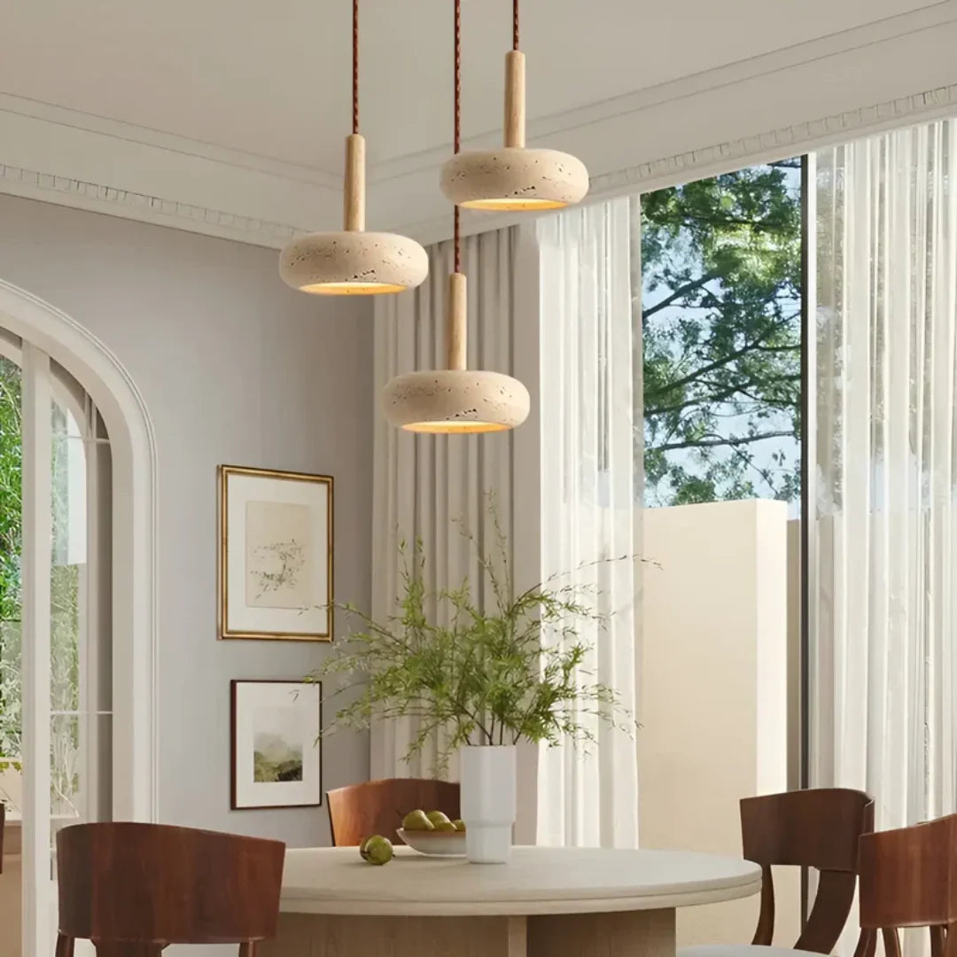 Travertine Hanging Light with Wooden Accent – Adjustable Cord, Warm Glow