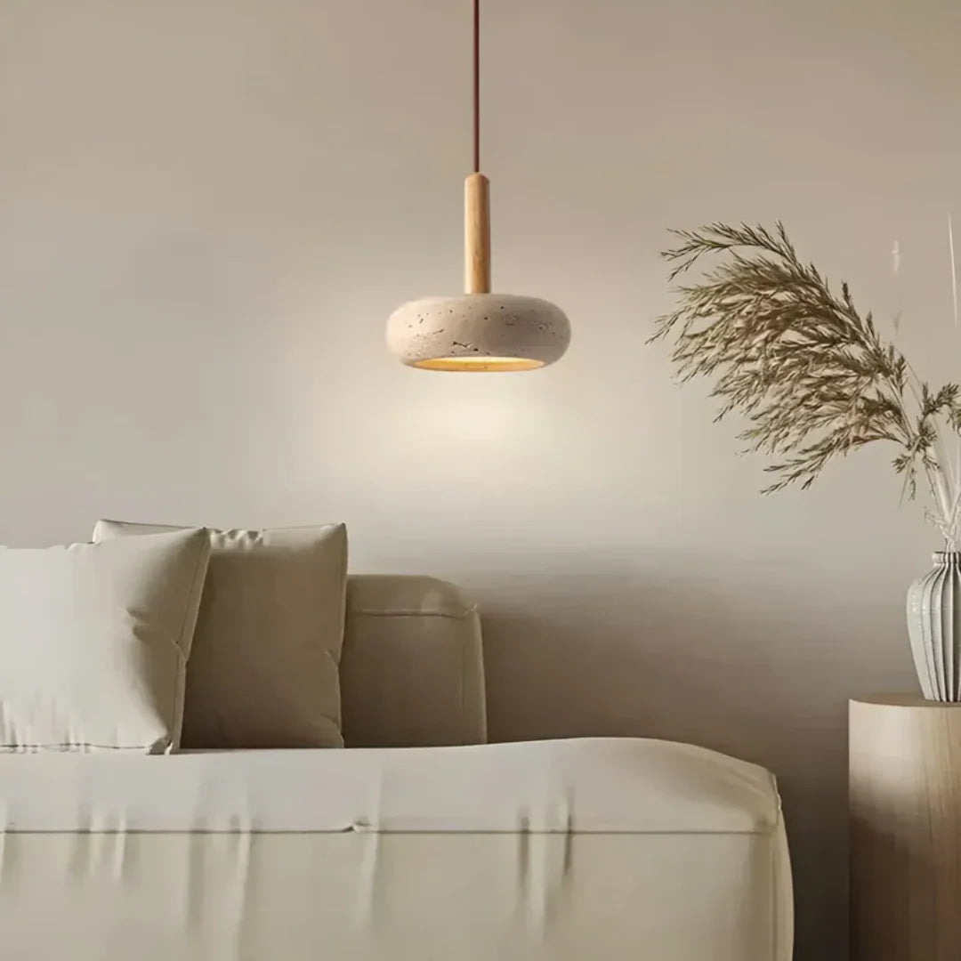Travertine Hanging Light with Wooden Accent – Adjustable Cord, Warm Glow