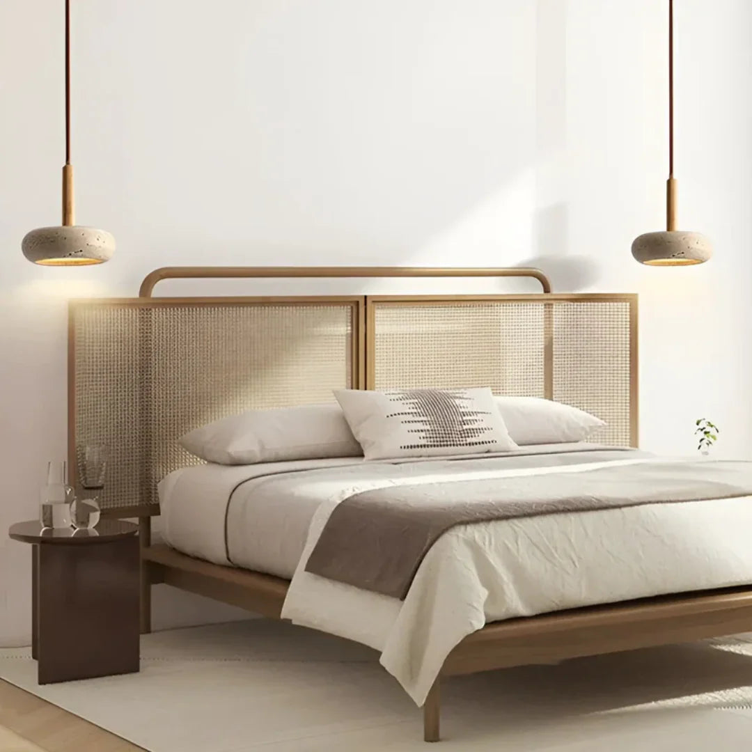 Travertine Hanging Light with Wooden Accent – Adjustable Cord, Warm Glow